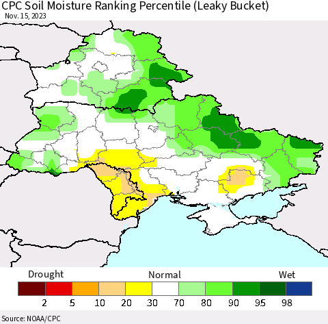 Ukraine, Moldova and Belarus CPC Soil Moisture Ranking Percentile (Leaky Bucket) Thematic Map For 11/11/2023 - 11/15/2023