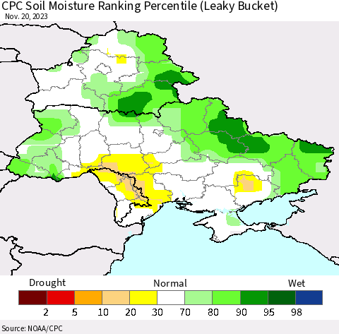 Ukraine, Moldova and Belarus CPC Soil Moisture Ranking Percentile (Leaky Bucket) Thematic Map For 11/16/2023 - 11/20/2023