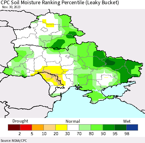 Ukraine, Moldova and Belarus CPC Soil Moisture Ranking Percentile (Leaky Bucket) Thematic Map For 11/26/2023 - 11/30/2023