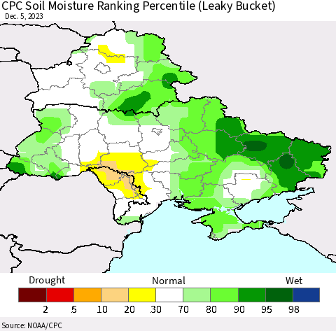 Ukraine, Moldova and Belarus CPC Soil Moisture Ranking Percentile (Leaky Bucket) Thematic Map For 12/1/2023 - 12/5/2023