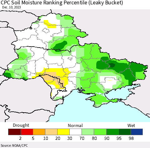 Ukraine, Moldova and Belarus CPC Soil Moisture Ranking Percentile (Leaky Bucket) Thematic Map For 12/6/2023 - 12/10/2023