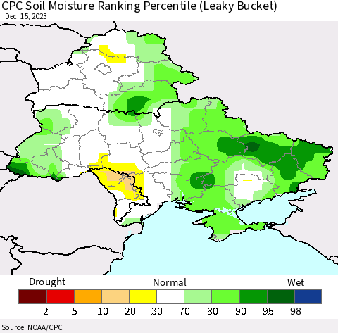 Ukraine, Moldova and Belarus CPC Soil Moisture Ranking Percentile (Leaky Bucket) Thematic Map For 12/11/2023 - 12/15/2023