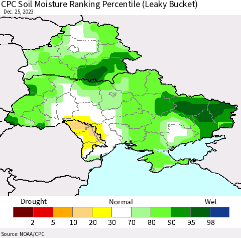 Ukraine, Moldova and Belarus CPC Soil Moisture Ranking Percentile (Leaky Bucket) Thematic Map For 12/21/2023 - 12/25/2023