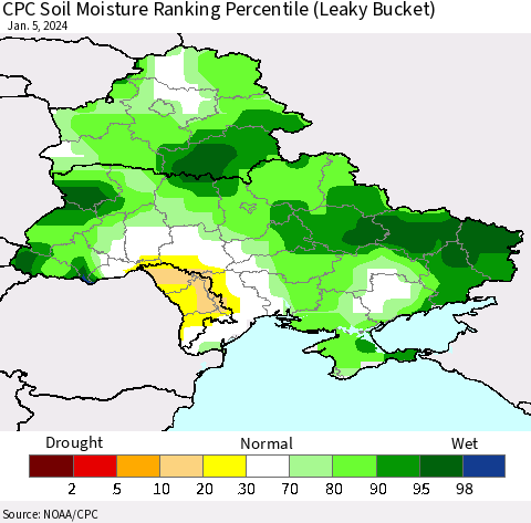 Ukraine, Moldova and Belarus CPC Soil Moisture Ranking Percentile (Leaky Bucket) Thematic Map For 1/1/2024 - 1/5/2024