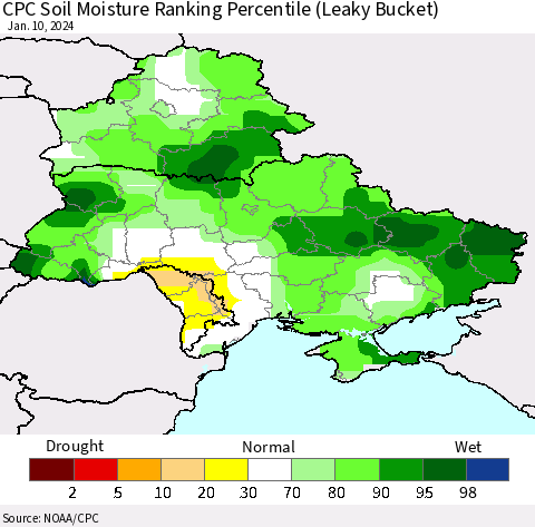 Ukraine, Moldova and Belarus CPC Soil Moisture Ranking Percentile (Leaky Bucket) Thematic Map For 1/6/2024 - 1/10/2024