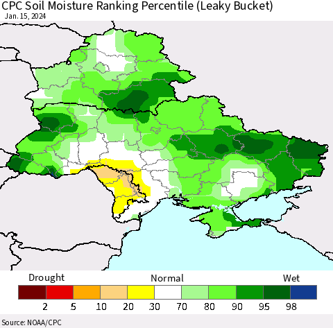 Ukraine, Moldova and Belarus CPC Soil Moisture Ranking Percentile (Leaky Bucket) Thematic Map For 1/11/2024 - 1/15/2024