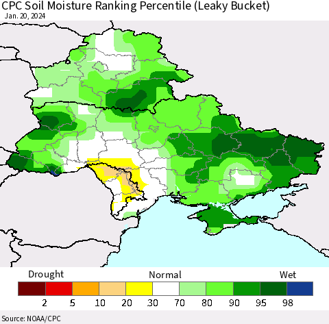 Ukraine, Moldova and Belarus CPC Soil Moisture Ranking Percentile (Leaky Bucket) Thematic Map For 1/16/2024 - 1/20/2024