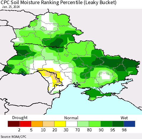 Ukraine, Moldova and Belarus CPC Soil Moisture Ranking Percentile (Leaky Bucket) Thematic Map For 1/21/2024 - 1/25/2024