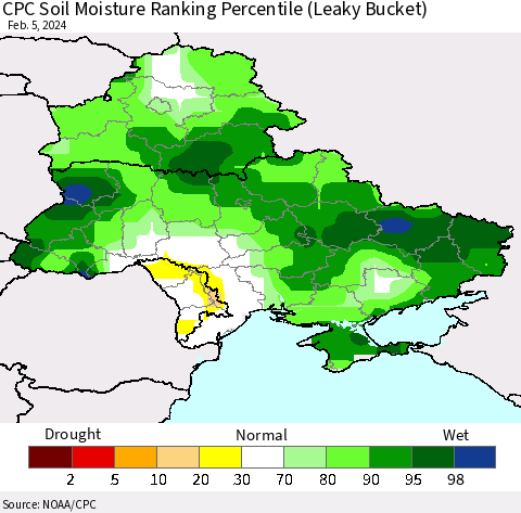 Ukraine, Moldova and Belarus CPC Soil Moisture Ranking Percentile (Leaky Bucket) Thematic Map For 2/1/2024 - 2/5/2024