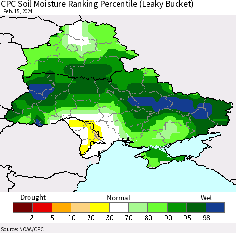 Ukraine, Moldova and Belarus CPC Soil Moisture Ranking Percentile (Leaky Bucket) Thematic Map For 2/11/2024 - 2/15/2024