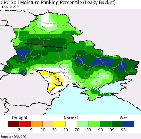 Ukraine, Moldova and Belarus CPC Soil Moisture Ranking Percentile (Leaky Bucket) Thematic Map For 2/16/2024 - 2/20/2024