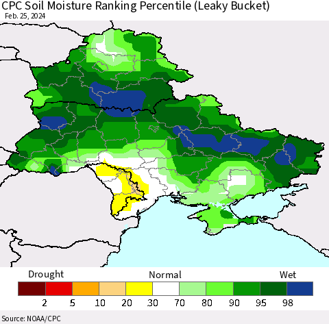 Ukraine, Moldova and Belarus CPC Soil Moisture Ranking Percentile (Leaky Bucket) Thematic Map For 2/21/2024 - 2/25/2024