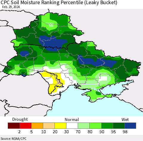 Ukraine, Moldova and Belarus CPC Soil Moisture Ranking Percentile (Leaky Bucket) Thematic Map For 2/26/2024 - 2/29/2024