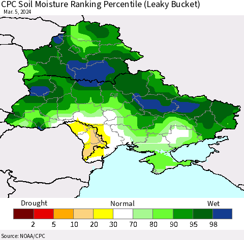Ukraine, Moldova and Belarus CPC Soil Moisture Ranking Percentile (Leaky Bucket) Thematic Map For 3/1/2024 - 3/5/2024