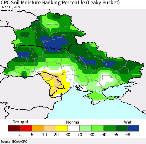 Ukraine, Moldova and Belarus CPC Soil Moisture Ranking Percentile (Leaky Bucket) Thematic Map For 3/6/2024 - 3/10/2024