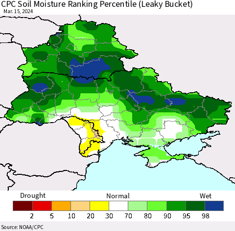 Ukraine, Moldova and Belarus CPC Soil Moisture Ranking Percentile (Leaky Bucket) Thematic Map For 3/11/2024 - 3/15/2024