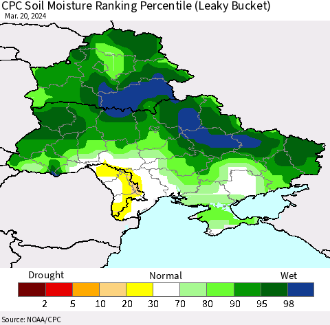 Ukraine, Moldova and Belarus CPC Soil Moisture Ranking Percentile (Leaky Bucket) Thematic Map For 3/16/2024 - 3/20/2024