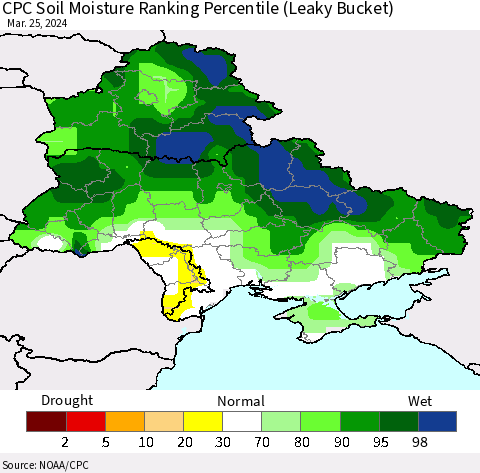 Ukraine, Moldova and Belarus CPC Soil Moisture Ranking Percentile (Leaky Bucket) Thematic Map For 3/21/2024 - 3/25/2024