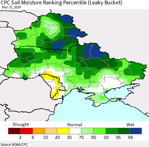 Ukraine, Moldova and Belarus CPC Soil Moisture Ranking Percentile (Leaky Bucket) Thematic Map For 3/26/2024 - 3/31/2024