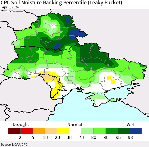 Ukraine, Moldova and Belarus CPC Soil Moisture Ranking Percentile (Leaky Bucket) Thematic Map For 4/1/2024 - 4/5/2024
