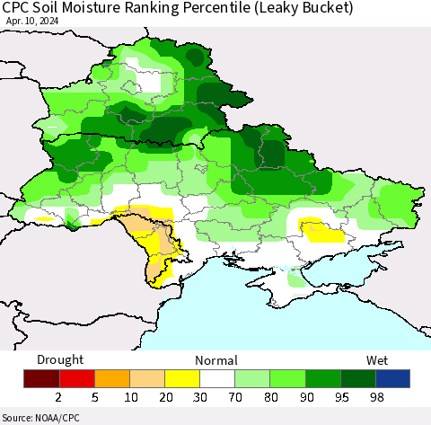 Ukraine, Moldova and Belarus CPC Soil Moisture Ranking Percentile (Leaky Bucket) Thematic Map For 4/6/2024 - 4/10/2024