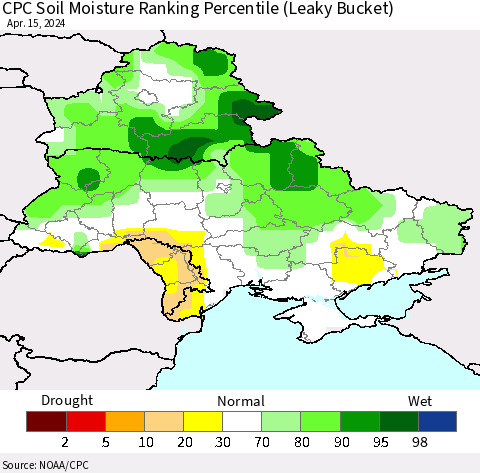 Ukraine, Moldova and Belarus CPC Soil Moisture Ranking Percentile (Leaky Bucket) Thematic Map For 4/11/2024 - 4/15/2024