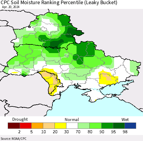 Ukraine, Moldova and Belarus CPC Soil Moisture Ranking Percentile (Leaky Bucket) Thematic Map For 4/16/2024 - 4/20/2024