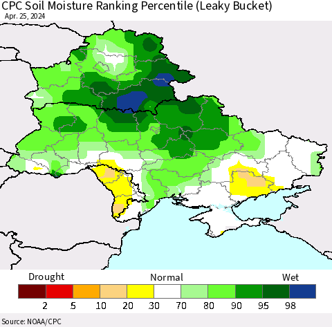 Ukraine, Moldova and Belarus CPC Soil Moisture Ranking Percentile (Leaky Bucket) Thematic Map For 4/21/2024 - 4/25/2024