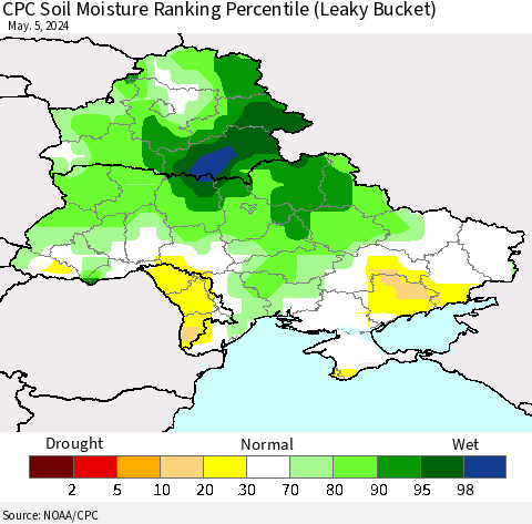 Ukraine, Moldova and Belarus CPC Soil Moisture Ranking Percentile (Leaky Bucket) Thematic Map For 5/1/2024 - 5/5/2024