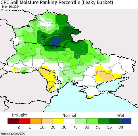 Ukraine, Moldova and Belarus CPC Soil Moisture Ranking Percentile (Leaky Bucket) Thematic Map For 5/6/2024 - 5/10/2024