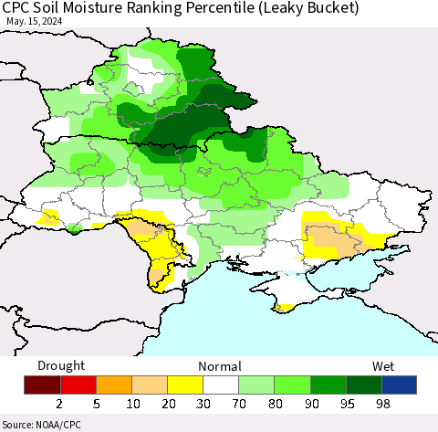 Ukraine, Moldova and Belarus CPC Soil Moisture Ranking Percentile (Leaky Bucket) Thematic Map For 5/11/2024 - 5/15/2024