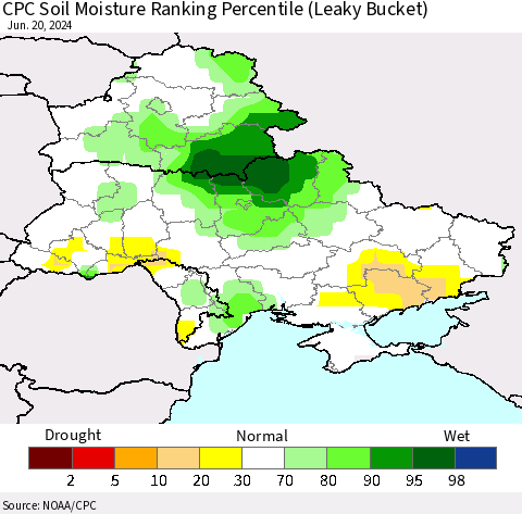Ukraine, Moldova and Belarus CPC Soil Moisture Ranking Percentile (Leaky Bucket) Thematic Map For 6/16/2024 - 6/20/2024