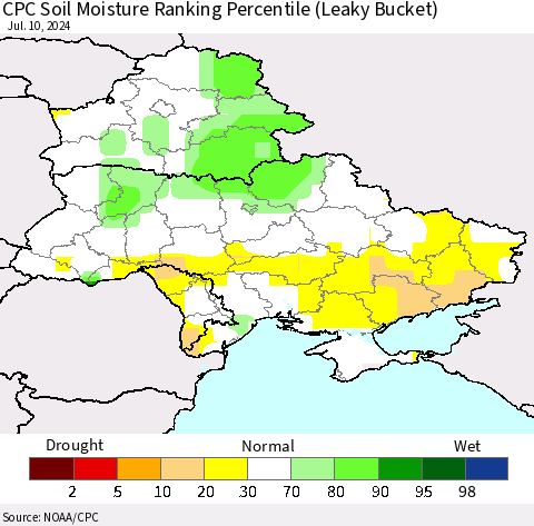 Ukraine, Moldova and Belarus CPC Soil Moisture Ranking Percentile (Leaky Bucket) Thematic Map For 7/6/2024 - 7/10/2024