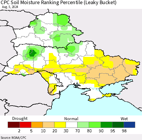 Ukraine, Moldova and Belarus CPC Soil Moisture Ranking Percentile (Leaky Bucket) Thematic Map For 8/1/2024 - 8/5/2024
