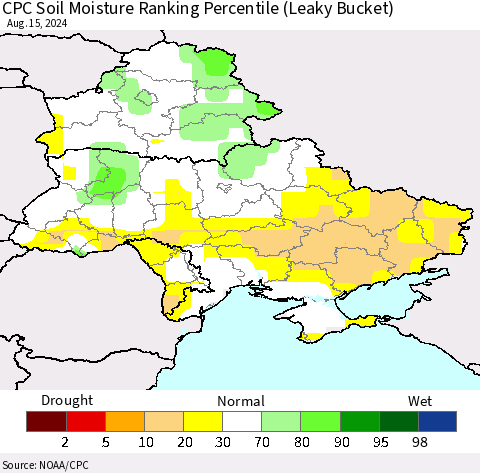 Ukraine, Moldova and Belarus CPC Soil Moisture Ranking Percentile (Leaky Bucket) Thematic Map For 8/11/2024 - 8/15/2024