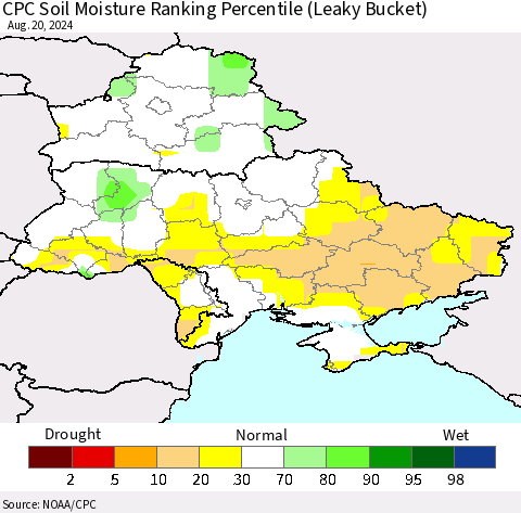 Ukraine, Moldova and Belarus CPC Soil Moisture Ranking Percentile (Leaky Bucket) Thematic Map For 8/16/2024 - 8/20/2024