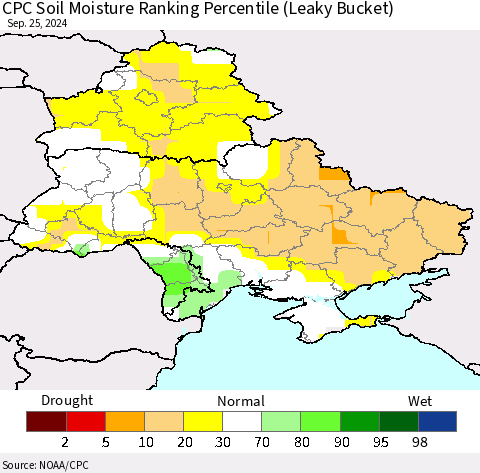 Ukraine, Moldova and Belarus CPC Soil Moisture Ranking Percentile (Leaky Bucket) Thematic Map For 9/21/2024 - 9/25/2024