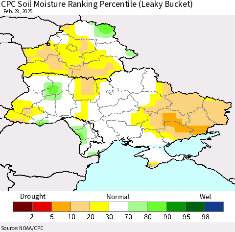Ukraine, Moldova and Belarus CPC Soil Moisture Ranking Percentile (Leaky Bucket) Thematic Map For 2/26/2025 - 2/28/2025