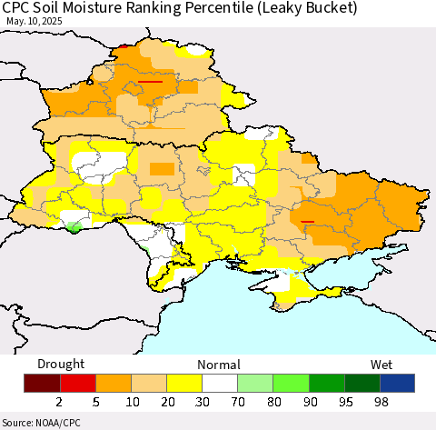 Ukraine, Moldova and Belarus CPC Soil Moisture Ranking Percentile (Leaky Bucket) Thematic Map For 5/6/2025 - 5/10/2025