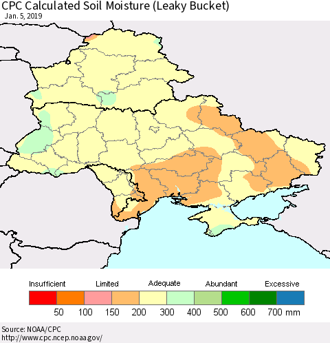 Ukraine, Moldova and Belarus CPC Calculated Soil Moisture (Leaky Bucket) Thematic Map For 1/1/2019 - 1/5/2019