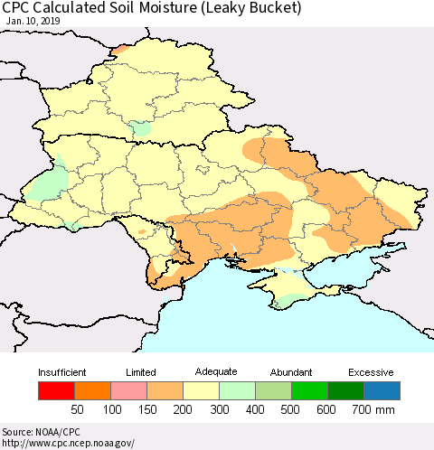 Ukraine, Moldova and Belarus CPC Calculated Soil Moisture (Leaky Bucket) Thematic Map For 1/6/2019 - 1/10/2019