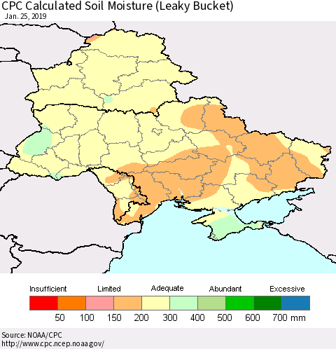 Ukraine, Moldova and Belarus CPC Calculated Soil Moisture (Leaky Bucket) Thematic Map For 1/21/2019 - 1/25/2019