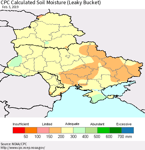 Ukraine, Moldova and Belarus CPC Calculated Soil Moisture (Leaky Bucket) Thematic Map For 2/1/2019 - 2/5/2019