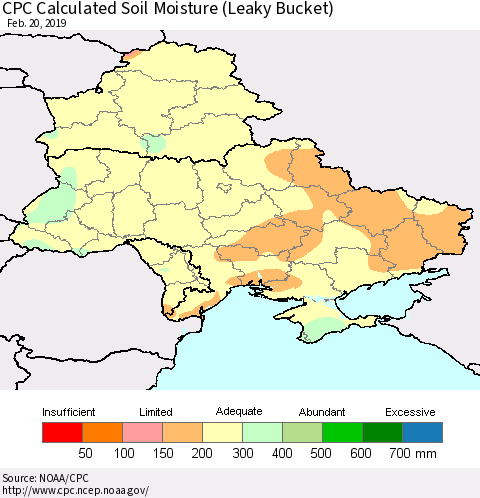 Ukraine, Moldova and Belarus CPC Calculated Soil Moisture (Leaky Bucket) Thematic Map For 2/16/2019 - 2/20/2019