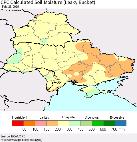 Ukraine, Moldova and Belarus CPC Calculated Soil Moisture (Leaky Bucket) Thematic Map For 2/21/2019 - 2/25/2019