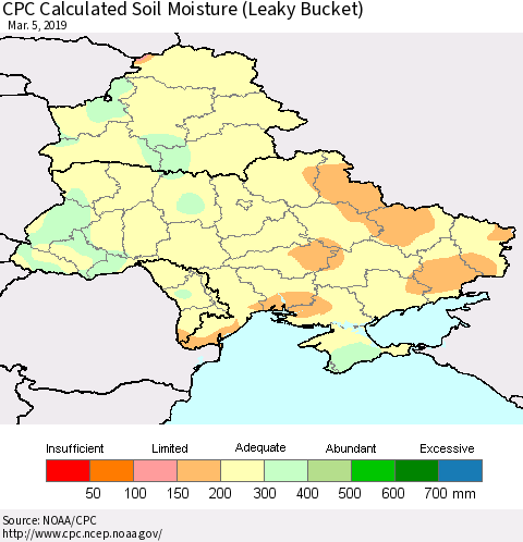 Ukraine, Moldova and Belarus CPC Calculated Soil Moisture (Leaky Bucket) Thematic Map For 3/1/2019 - 3/5/2019