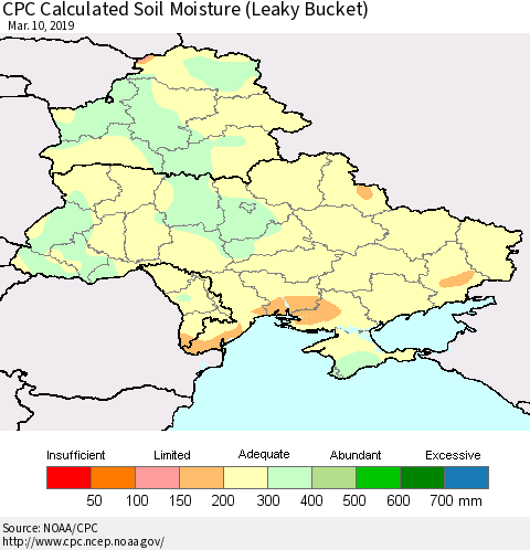 Ukraine, Moldova and Belarus CPC Calculated Soil Moisture (Leaky Bucket) Thematic Map For 3/6/2019 - 3/10/2019