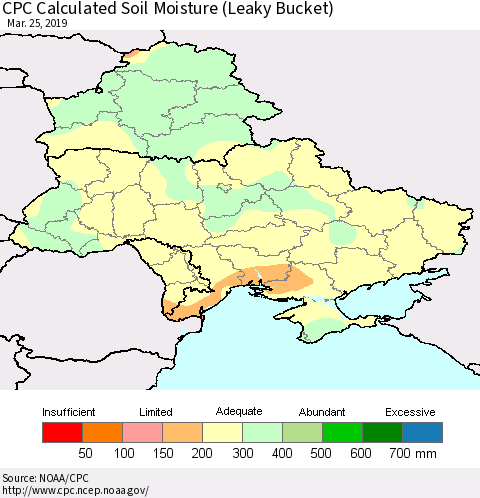 Ukraine, Moldova and Belarus CPC Calculated Soil Moisture (Leaky Bucket) Thematic Map For 3/21/2019 - 3/25/2019