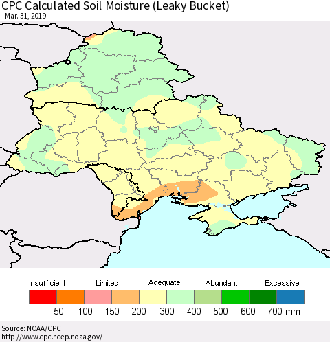 Ukraine, Moldova and Belarus CPC Calculated Soil Moisture (Leaky Bucket) Thematic Map For 3/26/2019 - 3/31/2019