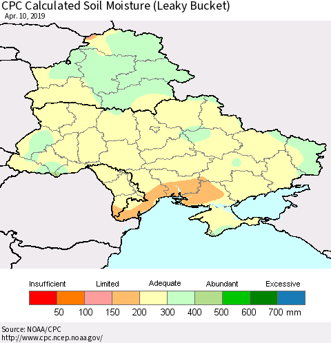 Ukraine, Moldova and Belarus CPC Calculated Soil Moisture (Leaky Bucket) Thematic Map For 4/6/2019 - 4/10/2019